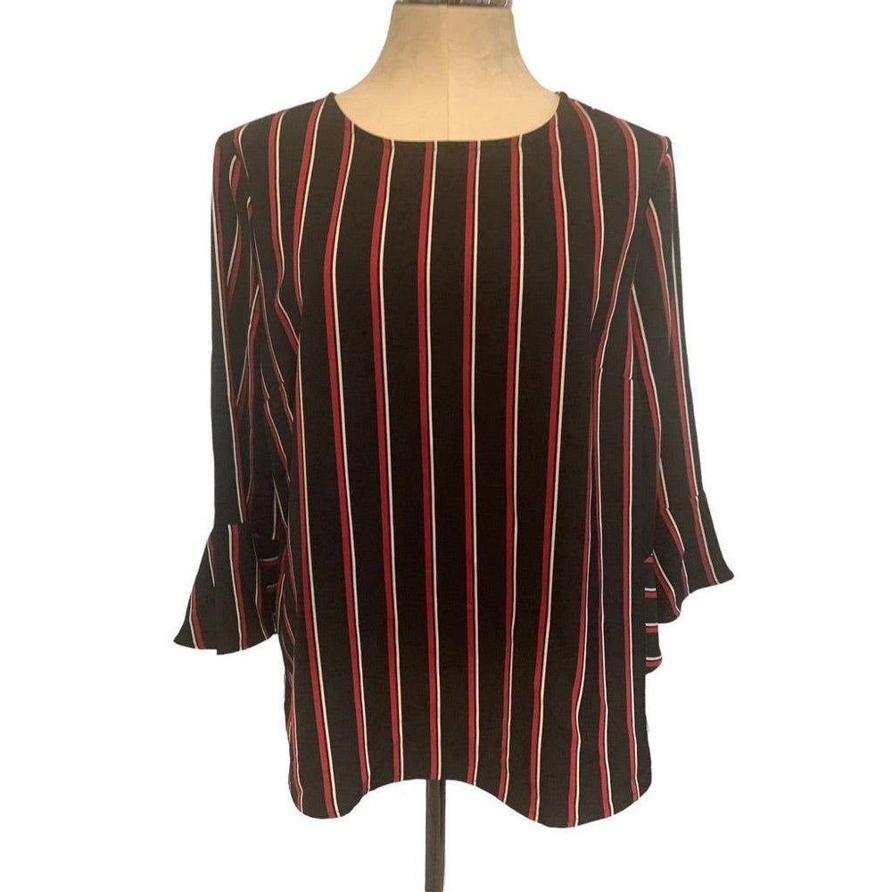 Large Tommy Hilfiger Black Red Striped Pullover Blouse Bell Sleeve